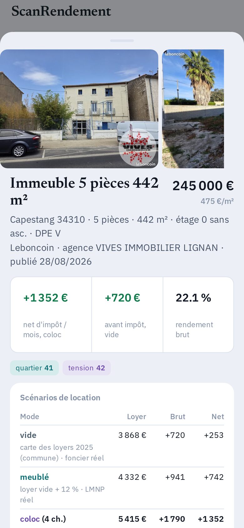 Fiche détaillée d'un bien avec les quatre scénarios